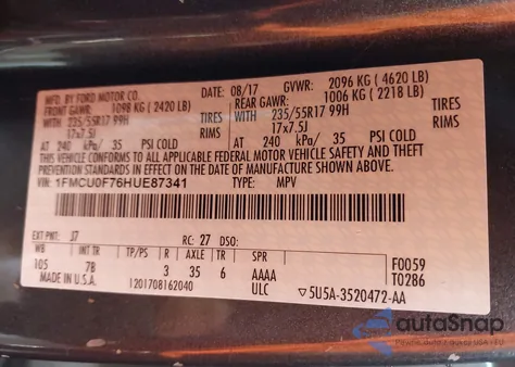 2017 Ford Escape S from USA, damaged, VIN 1FMCU0F76HUE87341